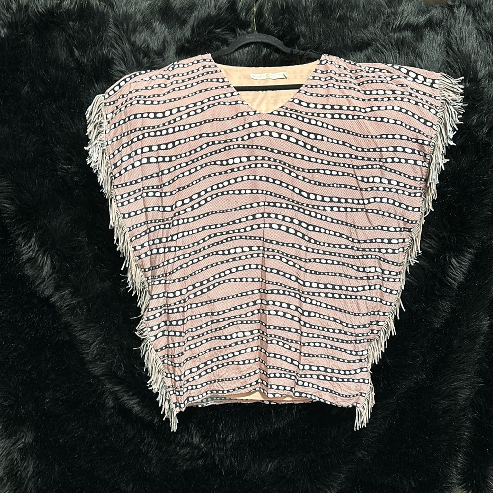 Marie Oliver fringe top / pink w/ black dots‎ and circles / Size XXS